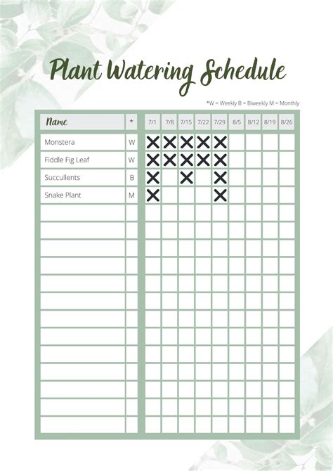 Printable Plant Watering Schedule